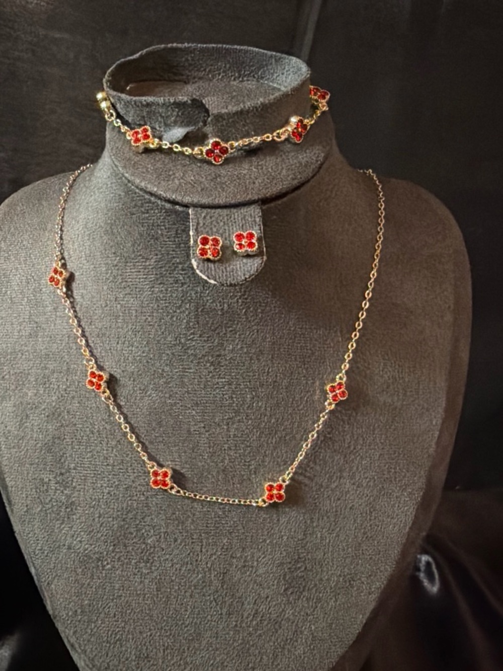 Gold plated Tone Necklace, Bracelet & Stud Earring Set with Red Flower Accents